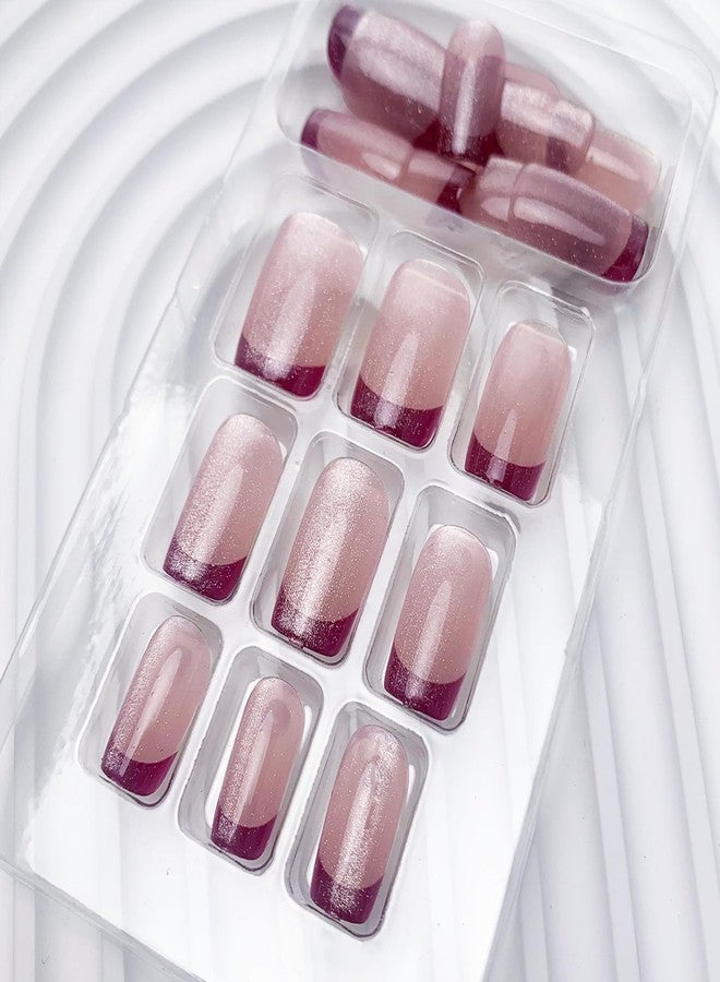 TOGZOM Red French Tip Press On Nails - Medium Square, Cat Eye Acrylic, Glossy Ombre, Shiny Glitter, Squoval Artificial, Xmas Stick On Nails for Women & Girls - 24 Pcs - Image 4